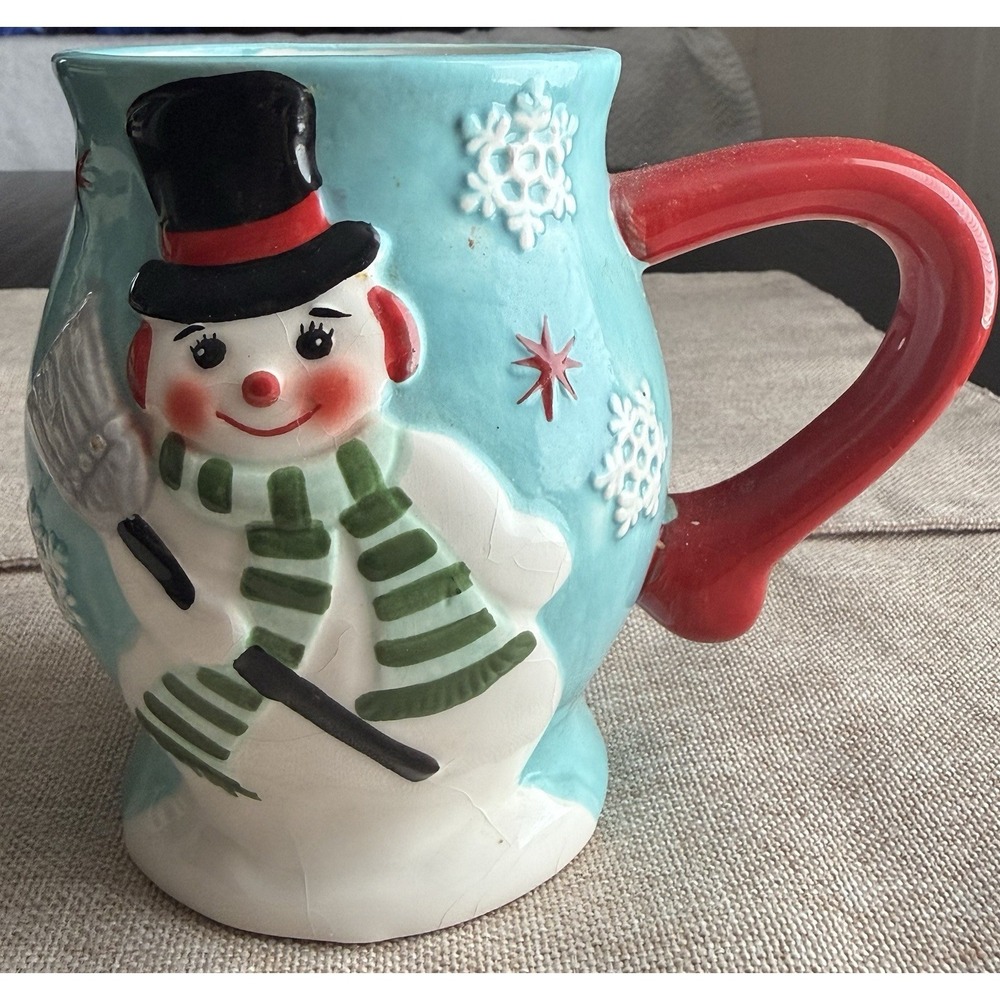 Christmas Snowman Mug Ceramic Embossed Holiday Cup Blue Red Handle Winter Coffee